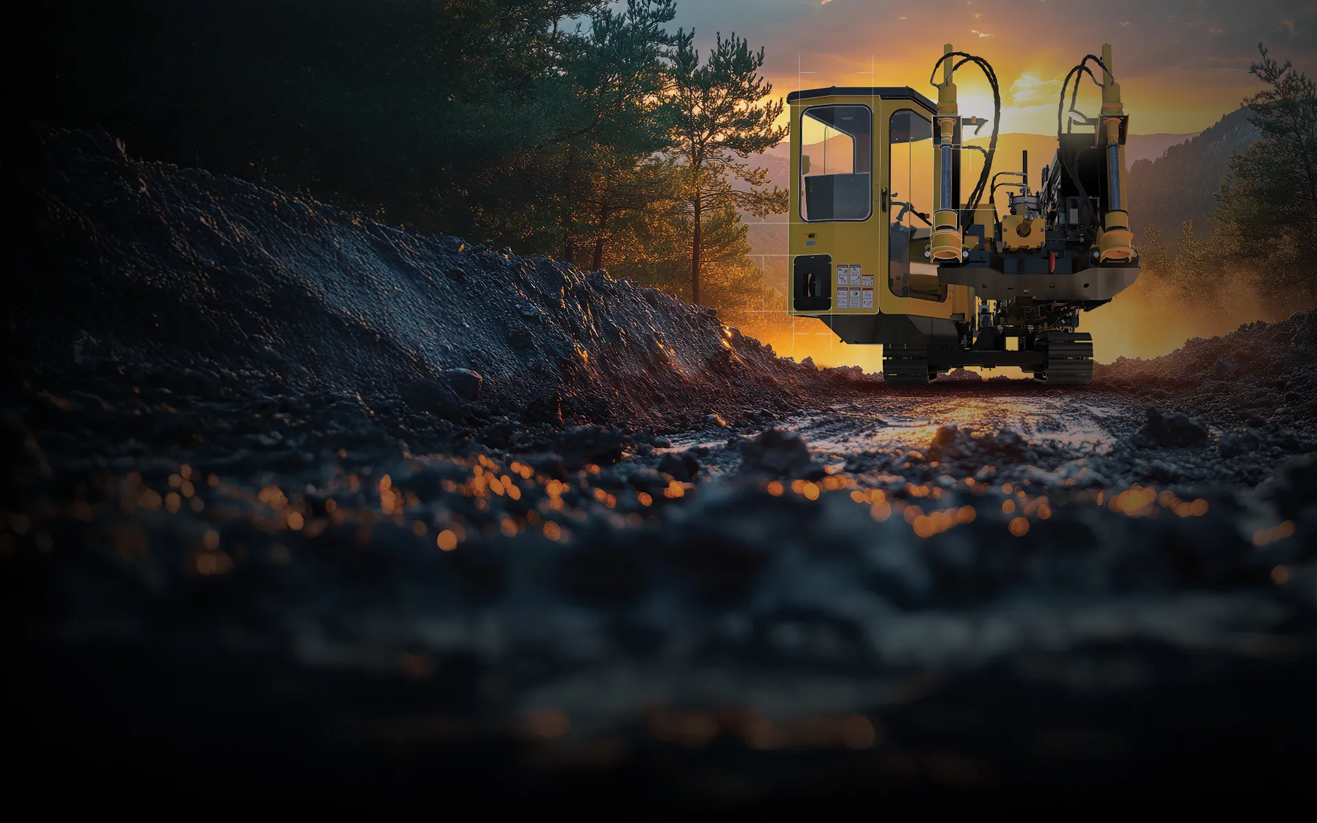 SOLIDWORKS realistic 3D rendering of Vermeer industrial vehicle driving at sunset